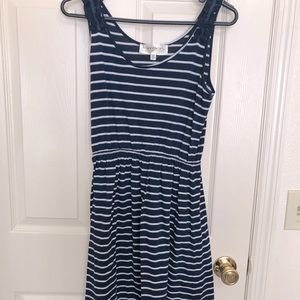 Blue and white striped sundress with lace detail